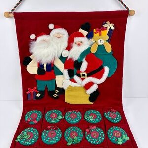 Fabric Advent Calendar Vintage Christmas Wall Hanging Red Velvet 24 Pockets